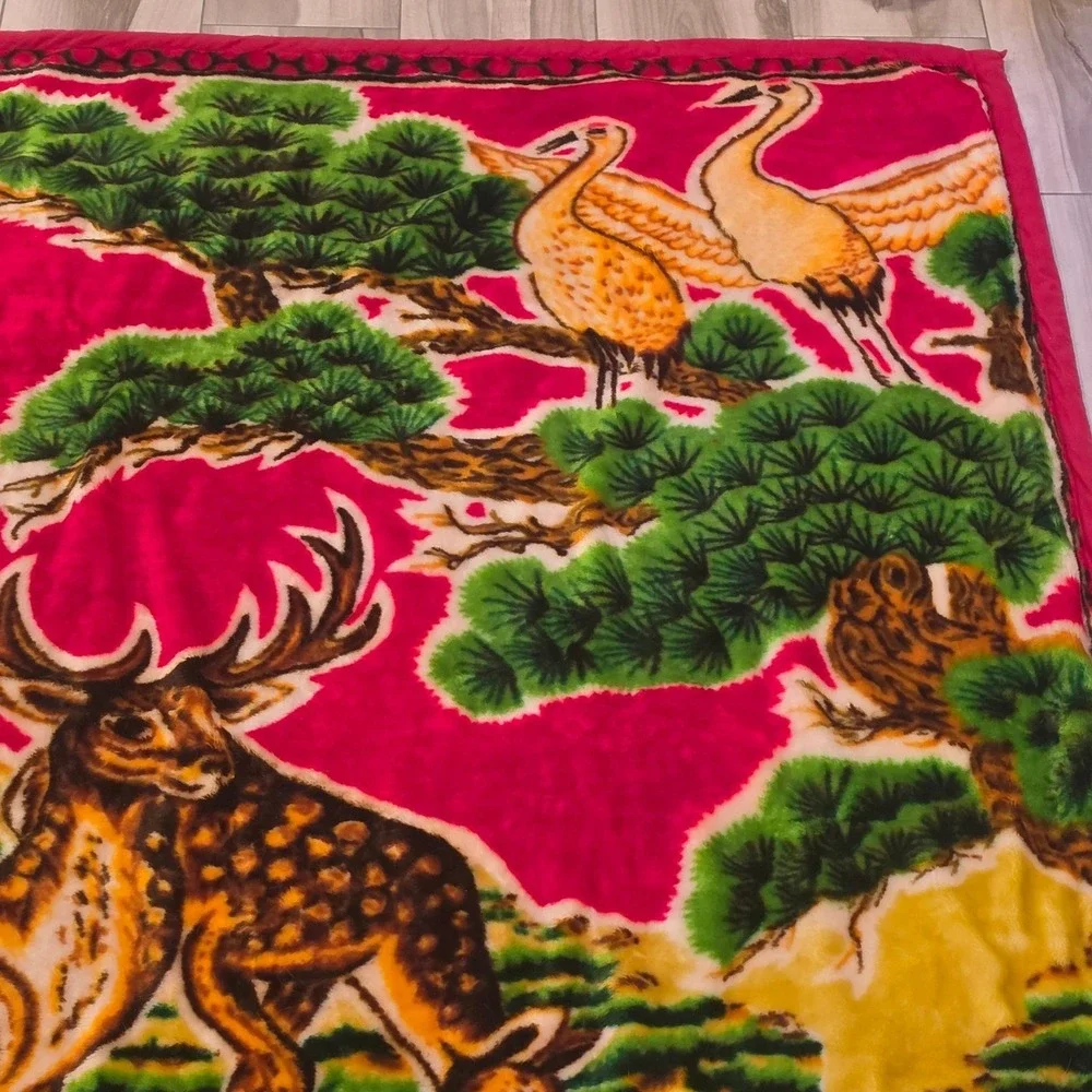 Vintage Choioka Korean Mink Blanket Reversible Deer Crane Floral Red Heavy Plush